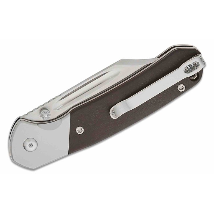 Couteau CJRB Pyrite Bowie Ebony Manche Bois Lame Acier AR-RPM9 Sand Polish IKBS Button Lock Clip J1942EBN - Livraison Gratuite