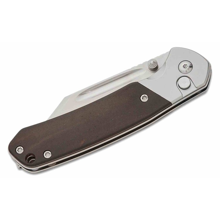 Couteau CJRB Pyrite Bowie Ebony Manche Bois Lame Acier AR-RPM9 Sand Polish IKBS Button Lock Clip J1942EBN - Livraison Gratuite