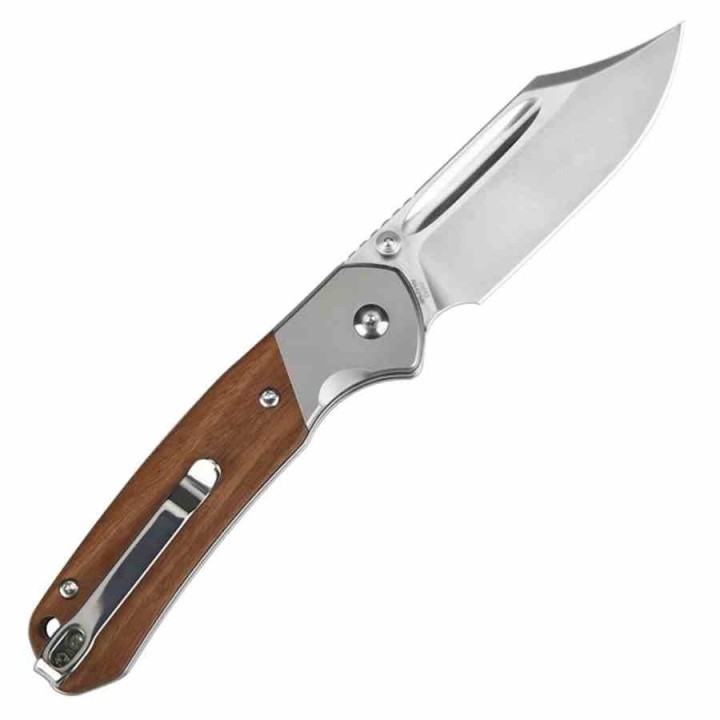 Couteau CJRB Pyrite Bowie Rosewood Manche Bois Lame Acier AR-RPM9 Sand Polish IKBS Button Lock Clip J1942RW - Livraison Gratuite