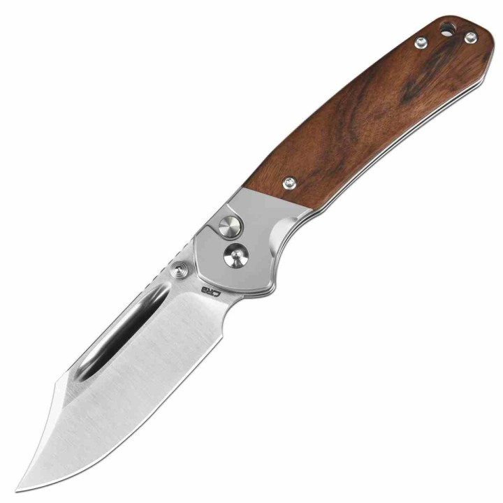 Couteau CJRB Pyrite Bowie Rosewood Manche Bois Lame Acier AR-RPM9 Sand Polish IKBS Button Lock Clip J1942RW - Livraison Gratuite