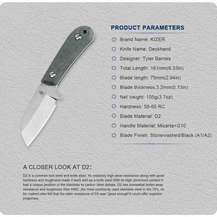 Couteau Kizer Deckhand Stonewash Lame Sheepsfoot Acier D2 Manche Micarta Etui Kydex KI1062A1 - Livraison Gratuite