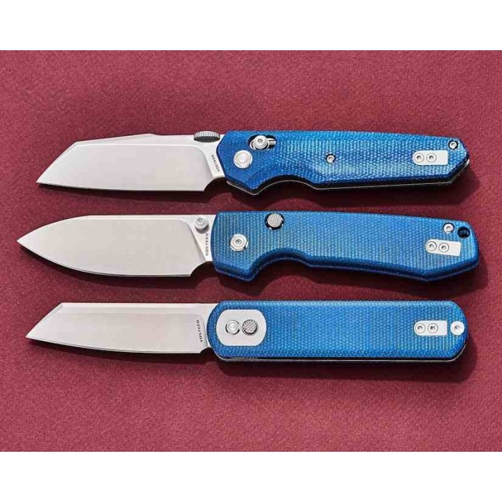 Couteau Vosteed Raccoon Blue Lame Acier Sandvik 14C28N Satin Manche Micarta IKBS Button Lock Clip VOSA2905 - Livraison Gratuite