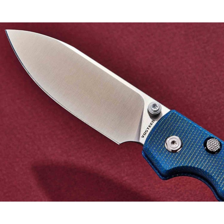 Couteau Vosteed Raccoon Blue Lame Acier Sandvik 14C28N Satin Manche Micarta IKBS Button Lock Clip VOSA2905 - Livraison Gratuite