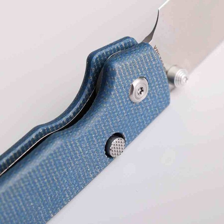Couteau Vosteed Raccoon Blue Lame Acier Sandvik 14C28N Satin Manche Micarta IKBS Button Lock Clip VOSA2905 - Livraison Gratuite