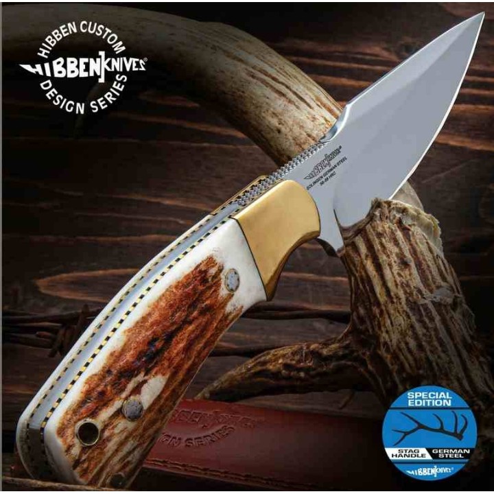 Couteau Gil Hibben Diamondback Stag Manche Bois de Cerf Lame Acier 1.4116 Harpoon Etui CUir GH5100GS - Livraison Gratuite