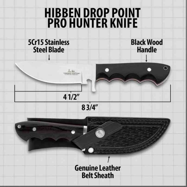 Couteau Gil Hibben Pro Hunter Satin Lame Drop Point Acier 5Cr15 Manche Bois Etui Cuir GH5124 - Livraison Gratuite