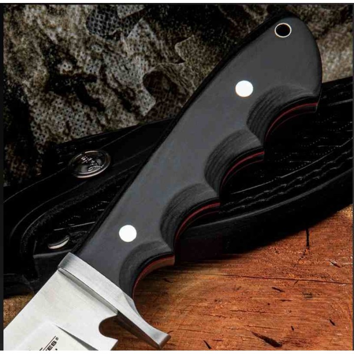 Couteau Gil Hibben Pro Hunter Satin Lame Drop Point Acier 5Cr15 Manche Bois Etui Cuir GH5124 - Livraison Gratuite