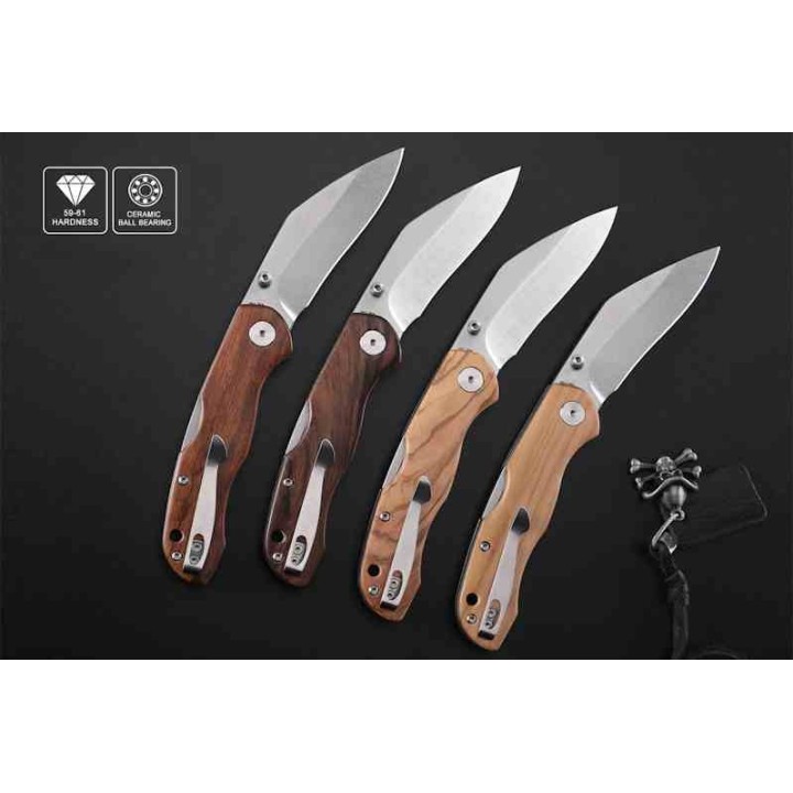 Couteau Petrified Fish Skalor Ironwood Manche Bois Lame Acier 154CM Satin IKBS Lockback Clip PFKE12IWOS - Livraison Gratuite