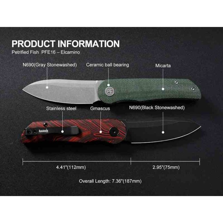 Couteau Petrified Fish ElCamino Black/Red Manche Gmascus Lame Acier N690 IKBS Liner Lock Clip PFKE16RDMDW - Livraison Gratuite