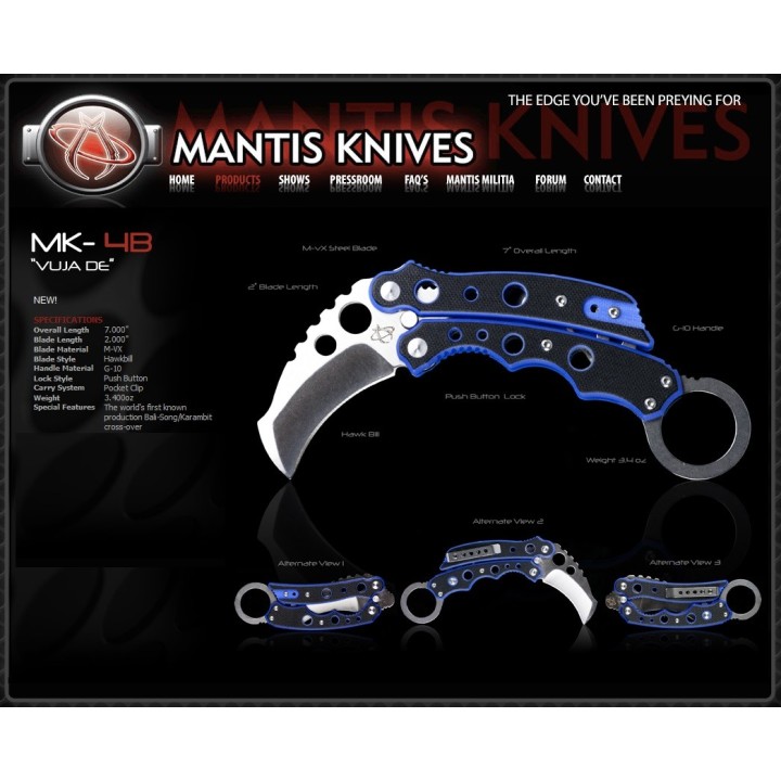 Mantis Vuja De Karambit Blue - Couteau Balisong Karambit Mantis Acier M-VX Manche G-10 Made In USA MANMK4B - Livraison Gratuite