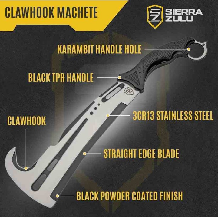 Couteau Sierra Zulu Clawhook Machete Lame Acier 3Cr13 Hook Manche TPR Etui Nylon SZ5601 - Livraison Gratuite