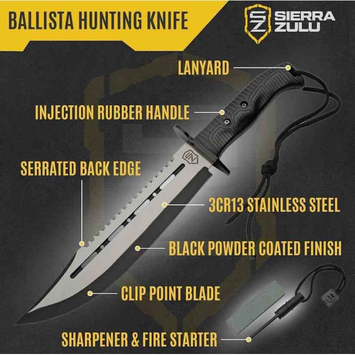 Couteau Sierra Zulu Ballista Lame Clip Point/Sawback 3Cr13 Manche Abs Etui Nylon SZ5603 - Livraison Gratuite