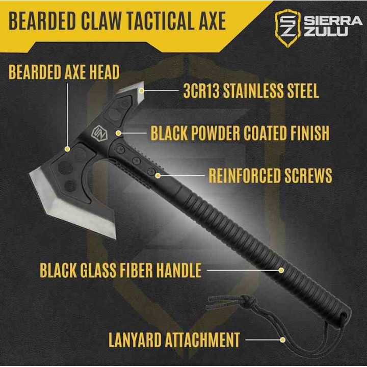Hache Tomahawk Sierra Zulu Bearded Claw Tactical Axe Lame Acier 3Cr13 Manche FRN Nylon Sheath SZ5604 - Livraison Gratuite