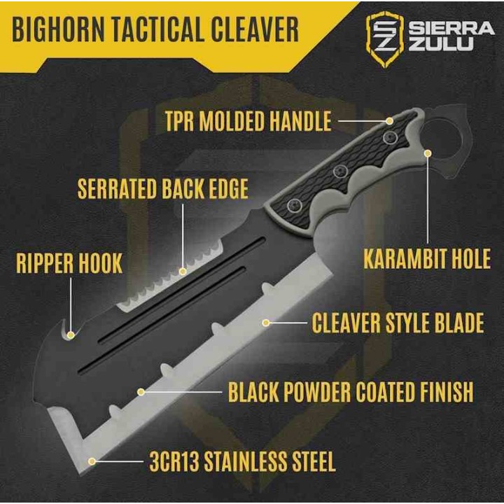 Couteau Couperet Sierra Zulu Bighorn Tactical Cleaver Lame Acier 3cR13 Manche TPR Etui Nylon SZ5607 - Livraison Gratuite