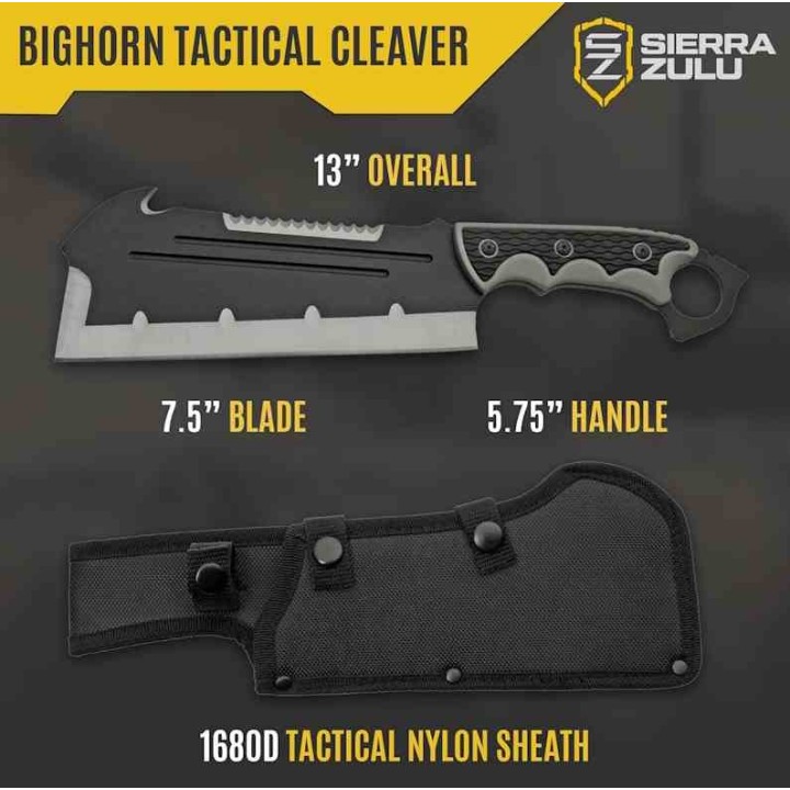 Couteau Couperet Sierra Zulu Bighorn Tactical Cleaver Lame Acier 3cR13 Manche TPR Etui Nylon SZ5607 - Livraison Gratuite