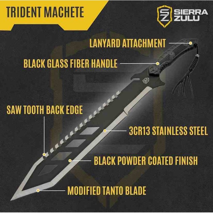 Sabre Sierra Zulu Trident Machete Lame Acier 3Cr13 Manche ABS Etui Ballistic Nylon SZ5606 - Livraison Gratuite