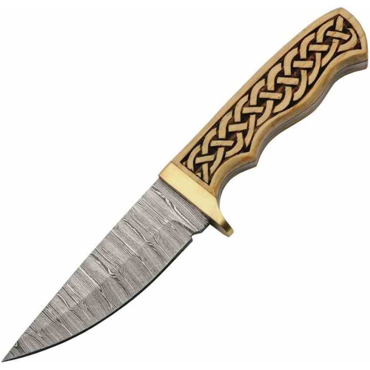 Couteau Damas Celtic Band Hunter Lame 256 Couches Manche Bois Etui Cuir DM1388 - Livraison Gratuite