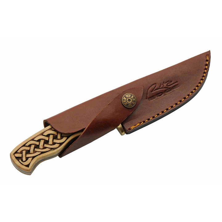 Couteau Damas Celtic Band Hunter Lame 256 Couches Manche Bois Etui Cuir DM1388 - Livraison Gratuite
