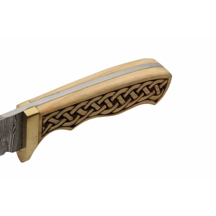 Couteau Damas Celtic Band Hunter Lame 256 Couches Manche Bois Etui Cuir DM1388 - Livraison Gratuite