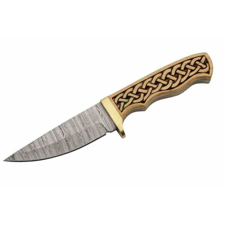 Couteau Damas Celtic Band Hunter Lame 256 Couches Manche Bois Etui Cuir DM1388 - Livraison Gratuite