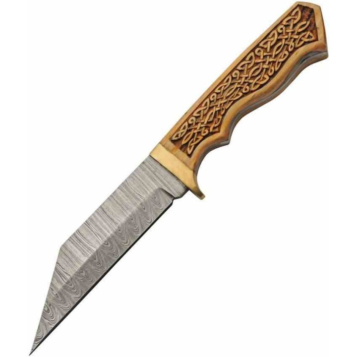 Couteau Damas Celtic Viking Lame Seax 256 Couches Manche Bois Etui Cuir DM1387 - Livraison Gratuite