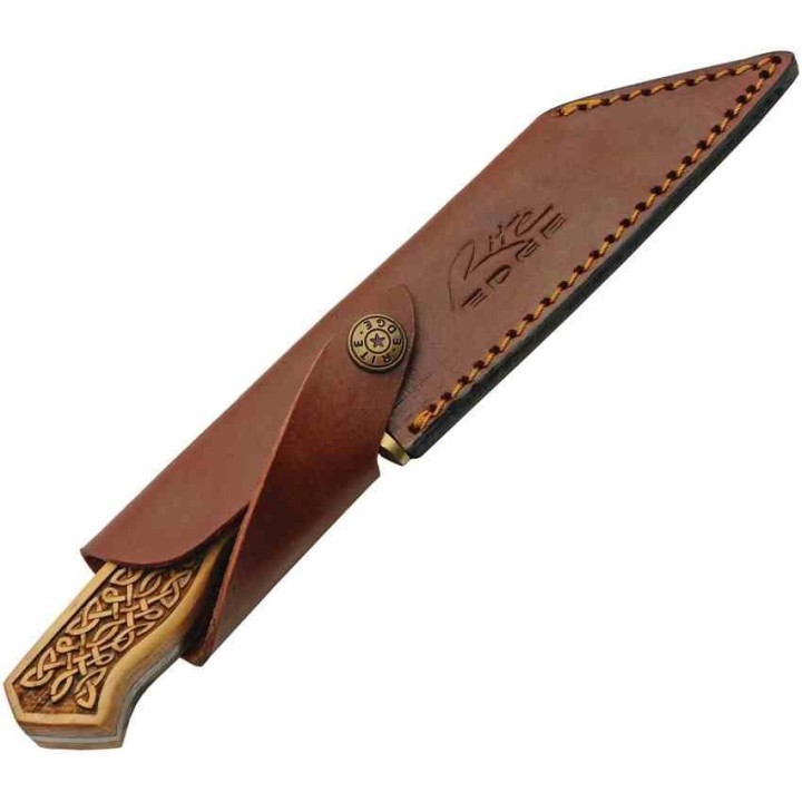 Couteau Damas Celtic Viking Lame Seax 256 Couches Manche Bois Etui Cuir DM1387 - Livraison Gratuite