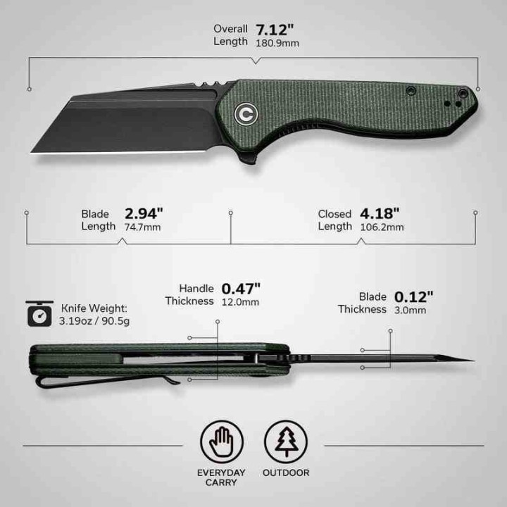 Couteau CIVIVI ExOne Green Manche Micarta Lame Tanto Reverse Nitro-V Blk IKBS Linerlock Clip CIVC230363 - Livraison Gratuite