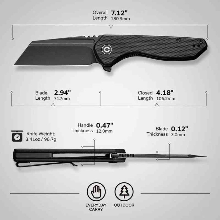 Couteau CIVIVI ExOne Black Manche G10 Lame Tanto Reverse Nitro-V Blk IKBS Linerlock Clip CIVC230361 - Livraison Gratuite