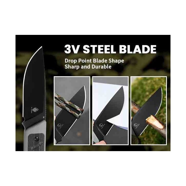 Couteau Kizer Smolt Lame Acier CPM-3V Black Drop Point Manche Gray G10/Micarta Etui Kydex KI1063A1 - Livraison Gratuite