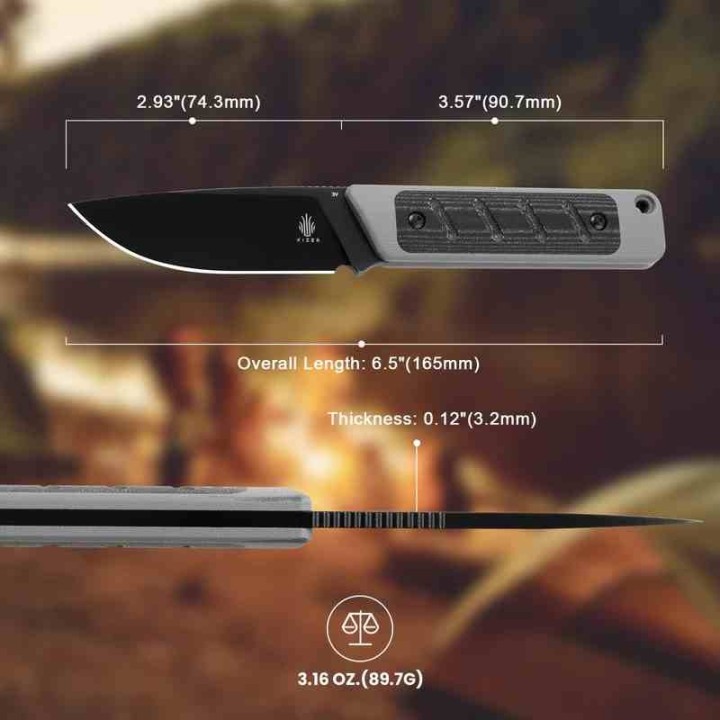 Couteau Kizer Smolt Lame Acier CPM-3V Black Drop Point Manche Gray G10/Micarta Etui Kydex KI1063A1 - Livraison Gratuite