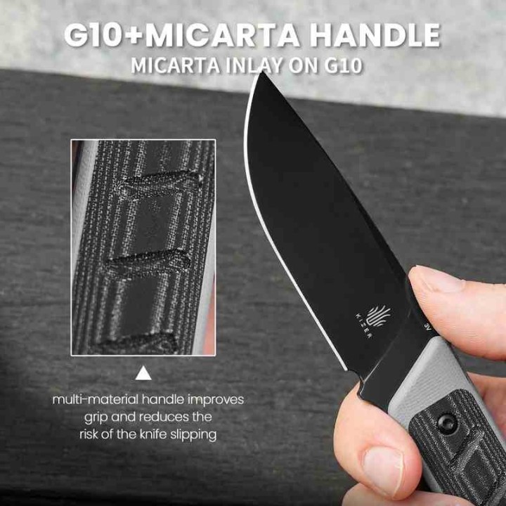 Couteau Kizer Smolt Lame Acier CPM-3V Black Drop Point Manche Gray G10/Micarta Etui Kydex KI1063A1 - Livraison Gratuite