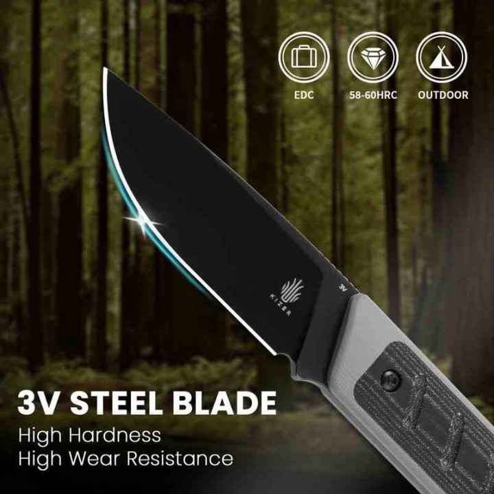 Couteau Kizer Smolt Lame Acier CPM-3V Black Drop Point Manche Gray G10/Micarta Etui Kydex KI1063A1 - Livraison Gratuite