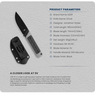 Couteau Kizer Smolt Lame Acier CPM-3V Black Drop Point Manche Gray G10/Micarta Etui Kydex KI1063A1 - Livraison Gratuite