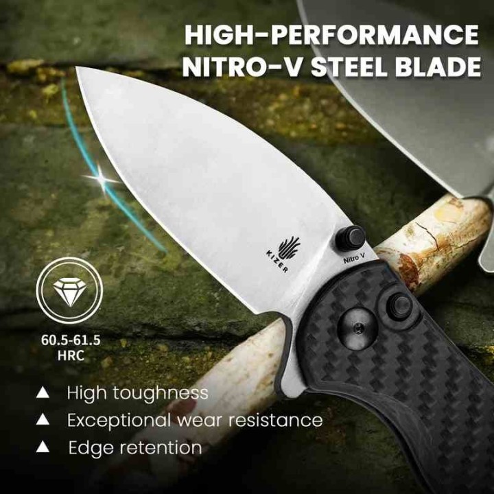 Couteau Kizer Mini Grouper Manche Fibre de Carbone Lame Acier Nitro-V Satin Button Lock Clip IKBS KIV3669A1 - Livraison Gratuite