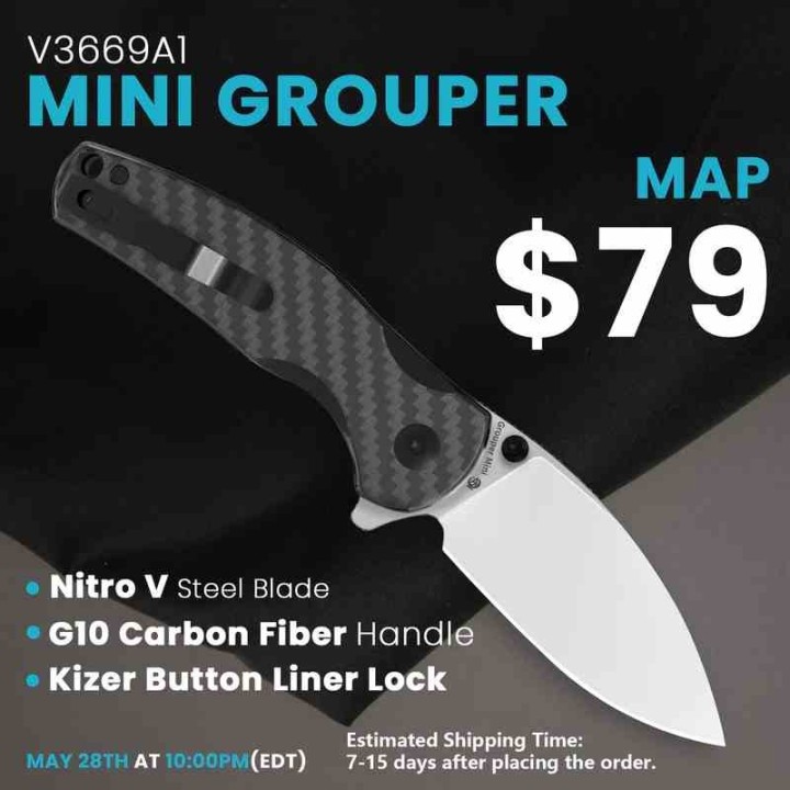 Couteau Kizer Mini Grouper Manche Fibre de Carbone Lame Acier Nitro-V Satin Button Lock Clip IKBS KIV3669A1 - Livraison Gratuite