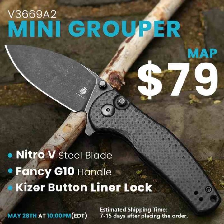 Couteau Kizer Mini Grouper Manche FCarbone Lame Acier Nitro-V Black Button Lock Clip IKBS KIV3669A2 - Livraison Gratuite