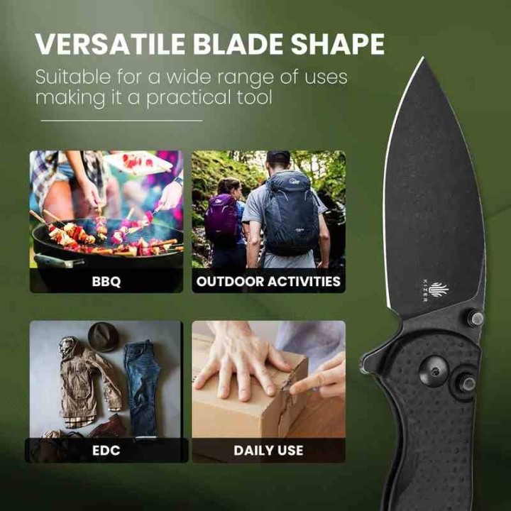 Couteau Kizer Mini Grouper Manche FCarbone Lame Acier Nitro-V Black Button Lock Clip IKBS KIV3669A2 - Livraison Gratuite