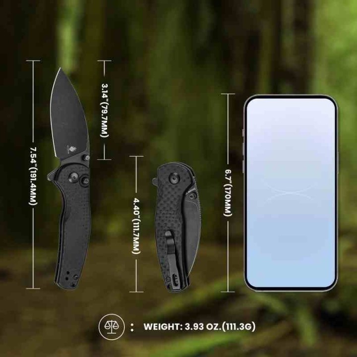 Couteau Kizer Mini Grouper Manche FCarbone Lame Acier Nitro-V Black Button Lock Clip IKBS KIV3669A2 - Livraison Gratuite