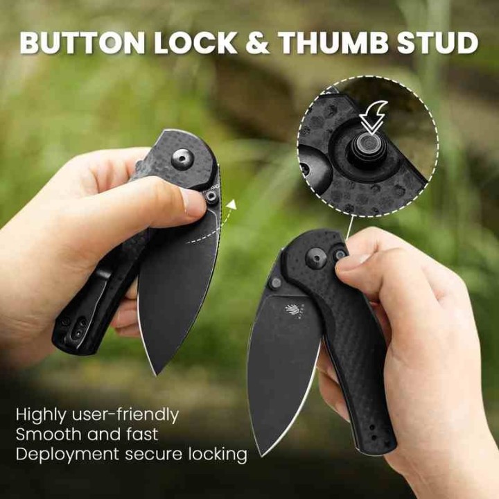 Couteau Kizer Mini Grouper Manche FCarbone Lame Acier Nitro-V Black Button Lock Clip IKBS KIV3669A2 - Livraison Gratuite