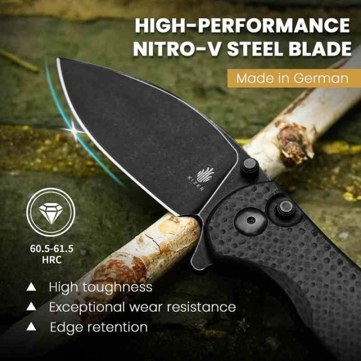 Couteau Kizer Mini Grouper Manche FCarbone Lame Acier Nitro-V Black Button Lock Clip IKBS KIV3669A2 - Livraison Gratuite