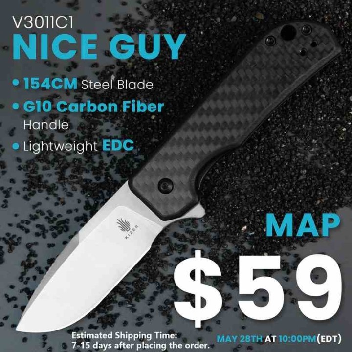 Couteau Kizer Nice Guy Black Manche G10/Carbon Fiber Lame Acier 154CM SW IKBS Linerlock Clip KIV3011C1 - Livraison Gratuite