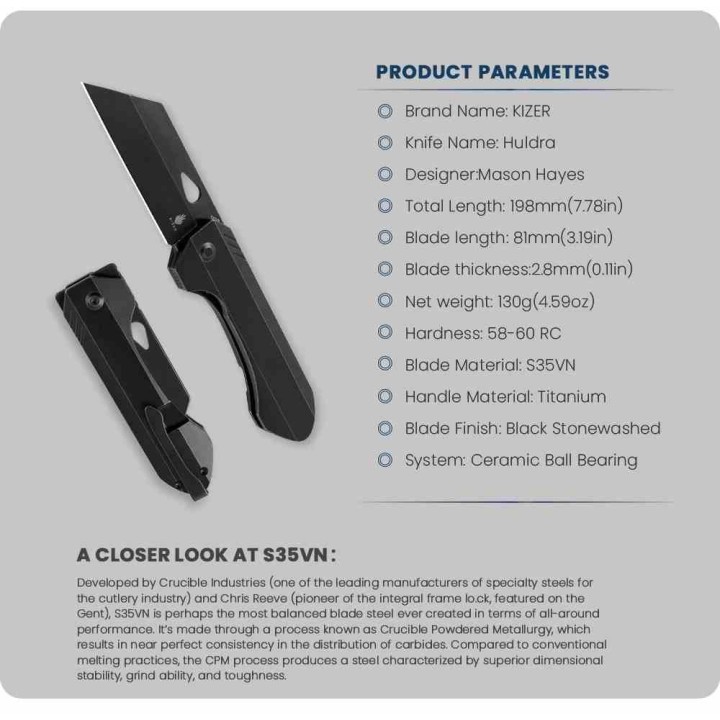 Couteau Kizer Huldra Black Manche Titane Lame Tanto Reverse Acier S35VN Black Frame Lock IKBS KI3665A1 - Livraison Gratuite
