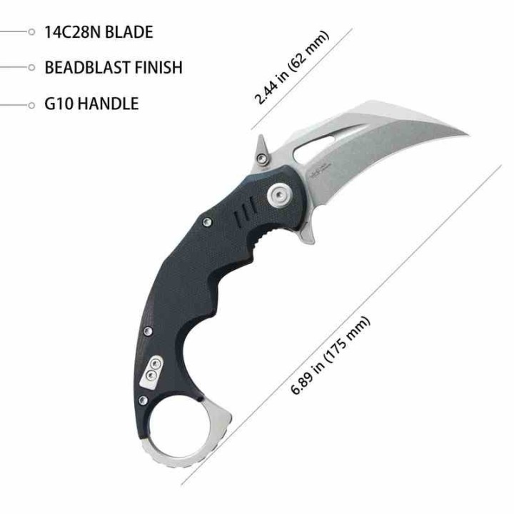 Couteau Kubey Mini Wrath Karambit Black Manche G10 Lame Acier 14C28N Blade IKBS Linerlock Clip KUB262A - Livraison Gratuite