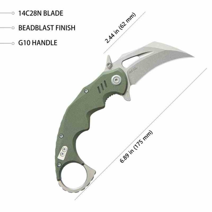 Couteau Kubey Mini Wrath Karambit Green Manche G10 Lame Acier 14C28N Blade IKBS Linerlock Clip KUB262B - Livraison Gratuite