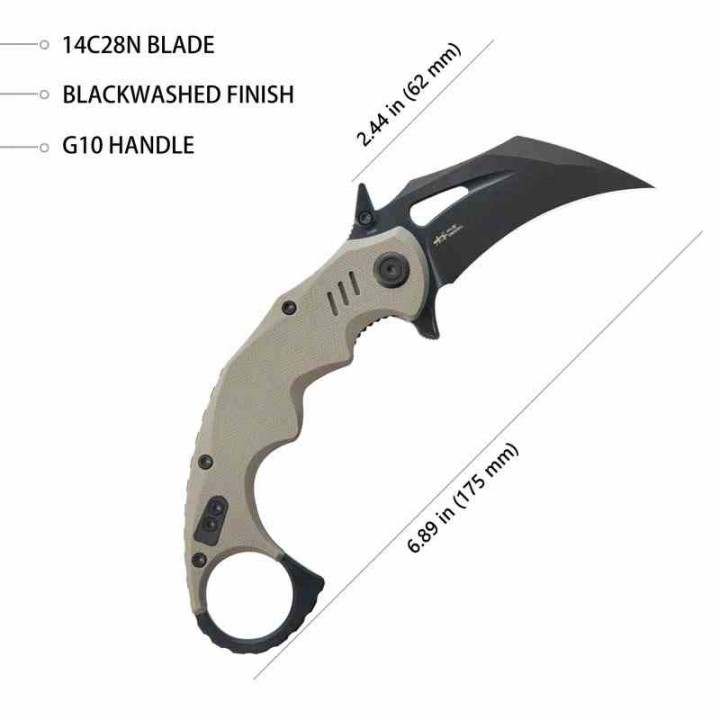 Couteau Kubey Mini Wrath Karambit Tan Manche G10 Lame Acier 14C28N BLK IKBS Linerlock Clip KUB262G - Livraison Gratuite