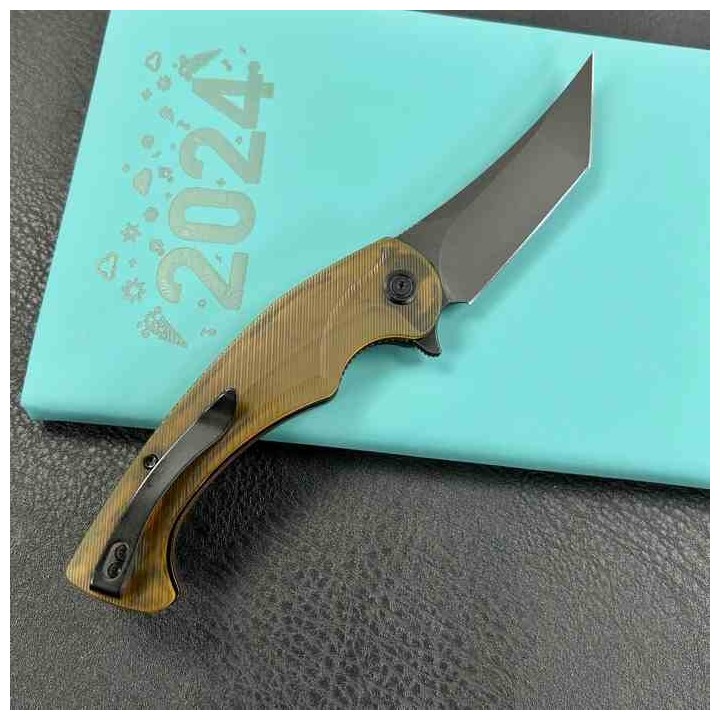 Couteau Kubey Scimitar Yellow Manche Ultem Lame Tanto Acier 14C28N BLK IKBS Linerlock Clip KUB175D - Livraison Gratuite