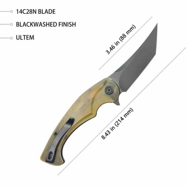 Couteau Kubey Scimitar Yellow Manche Ultem Lame Tanto Acier 14C28N BLK IKBS Linerlock Clip KUB175D - Livraison Gratuite