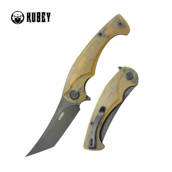Couteau Kubey Scimitar Yellow Manche Ultem Lame Tanto Acier 14C28N BLK IKBS Linerlock Clip KUB175D - Livraison Gratuite