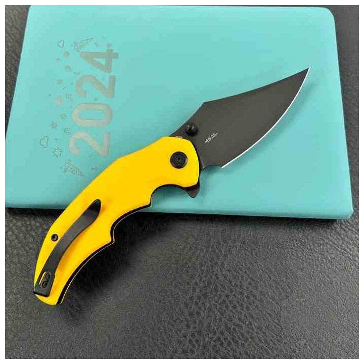 Couteau Kubey Ceto Camping Yellow Manche G-10 Lame Acier 14C28N Blackwash IKBS Linerlock Clip KUB181G - Livraison Gratuite