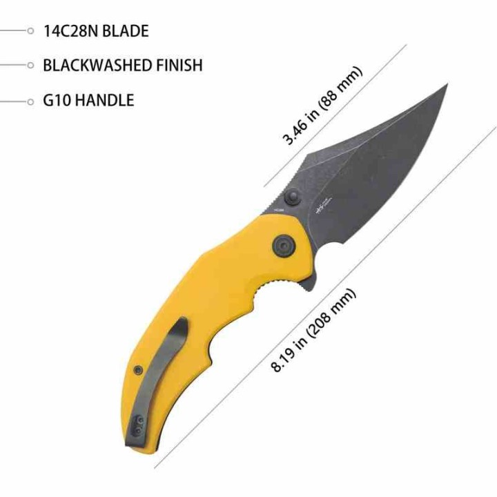 Couteau Kubey Ceto Camping Yellow Manche G-10 Lame Acier 14C28N Blackwash IKBS Linerlock Clip KUB181G - Livraison Gratuite